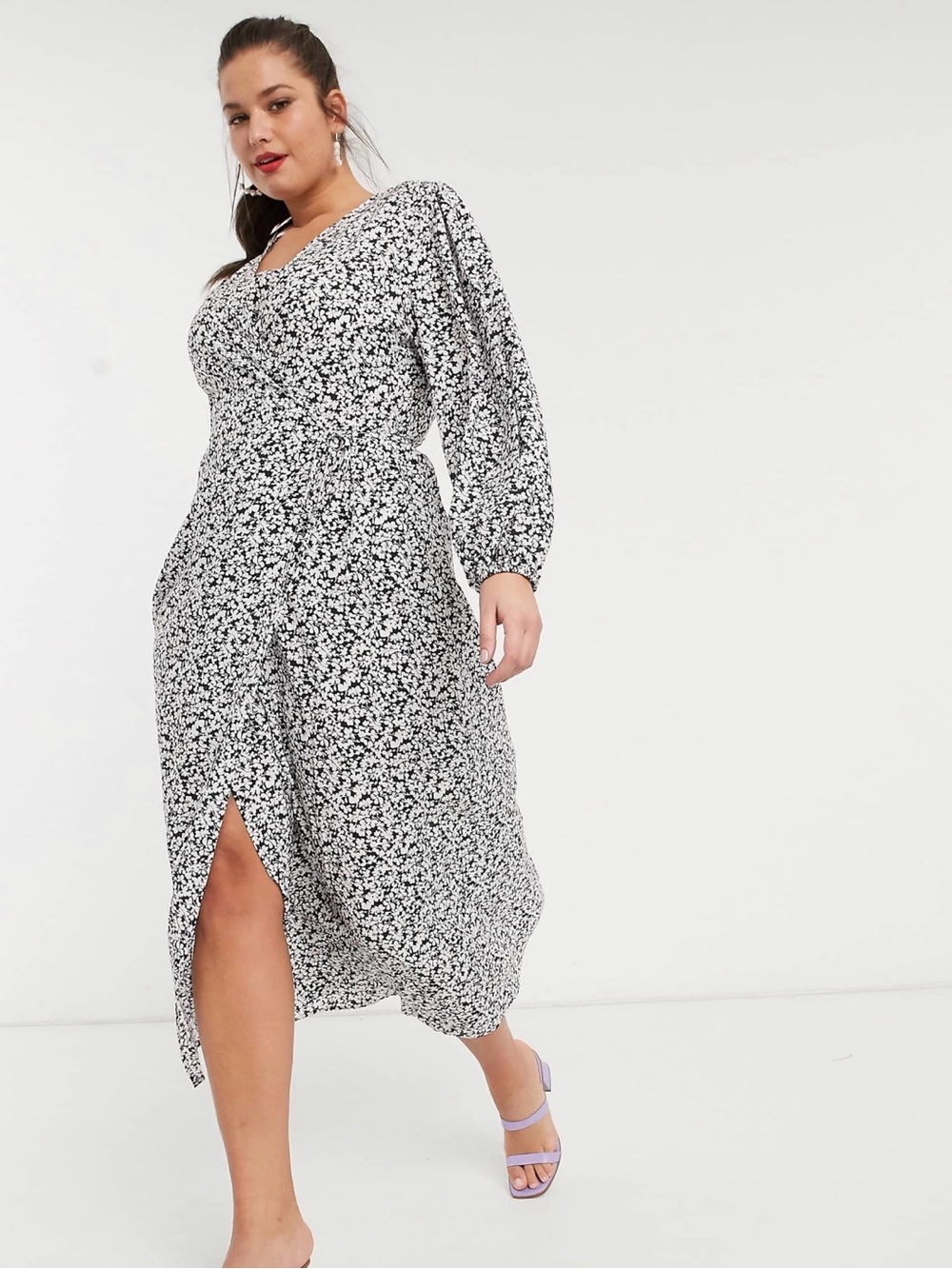 ASOS Glamorous Curve midaxi wrap dress in ditsy floral - Black and White Wrap